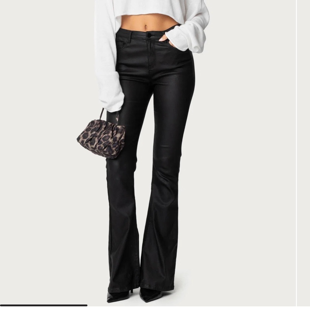 Edikted Black Faux Leather Flared Pants Size M
